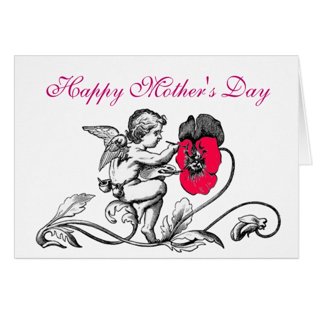 ANGEL SOM SMÄRTAR EN ROSA BLOMMARE MORS DAG HÄLSNINGSKORT (Framsidan Horizontal)
