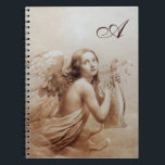 ANGEL SOM SPELAR LYRA ÖVER NÄRA Brown Anteckningsbok<br><div class="desc">Konstgjord och klassisk vattenfärgsmålning i vit brun sepia färg,  omformad från 1800-talets italienska bra konst</div>