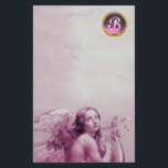 ANGEL SOM SPELAR LYRA ÖVER NÄRA, GEM MONOGRAM BREVPAPPER<br><div class="desc">Konstgjord och klassisk vattenfärgsmålning i vit antika rosa fuchsia färg och en glänsande 3D-gem-sten,  omformad från 1800-talets italienska bra art</div>