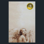 ANGEL SOM SPELAR LYRA ÖVER NÄRA, GEM MONOGRAM BREVPAPPER<br><div class="desc">Konstgjord och klassisk vattenfärgsmålning i vit antika sepiabbrunt färg och blankt 3D-gult topaz gem-sten,  omformad från 1800-talets italienska bra konst</div>