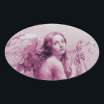 ANGEL SOM SPELAR LYRA ÖVER NEDLÄGGNINGARNA OVALT KLISTERMÄRKE<br><div class="desc">Konstgjord och klassisk vattenfärgsmålning i vit antika rosa fuchsia färg,  omformad från 1800-talets italienska bra art</div>