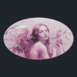 ANGEL SOM SPELAR LYRA ÖVER NEDLÄGGNINGARNA OVALT KLISTERMÄRKE<br><div class="desc">Konstgjord och klassisk vattenfärgsmålning i vit antika rosa fuchsia färg,  omformad från 1800-talets italienska bra art</div>