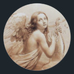 ANGEL SOM SPELAR LYRA ÖVER NEDLÄGGNINGARNA RUNT KLISTERMÄRKE<br><div class="desc">Konstgjord och klassisk vattenfärgsmålning i vit sepia, brunt färg,  omformad från 1800-talets italienska bra art</div>