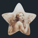 ANGEL SOM SPELAR LYRA ÖVER NEDLÄGGNINGARNA STJÄRNFORMAT KLISTERMÄRKE<br><div class="desc">Konstgjord och klassisk vattenfärgsmålning i vit sepia, brunt färg,  omformad från 1800-talets italienska bra art</div>