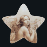 ANGEL SOM SPELAR LYRA ÖVER NEDLÄGGNINGARNA STJÄRNFORMAT KLISTERMÄRKE<br><div class="desc">Konstgjord och klassisk vattenfärgsmålning i vit sepia, brunt färg,  omformad från 1800-talets italienska bra art</div>