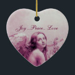 ANGEL SOM SPELAR LYRA ÖVER Rosa Heart Julgransprydnad Keramik<br><div class="desc">Joy..Fred.. Kärlek ...  Konstgjord och klassisk vattenfärgsmålning i vit antika rosa Fuchsia färg,  omformad från 1800-talets italienska bra art</div>