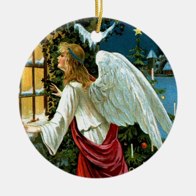 Ängel som tittar in genom fönstret julgransprydnad keramik (Framsidan)
