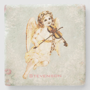 Angel Spela upp en fiolin på en Shabby Vintage Str Underlägg Sten