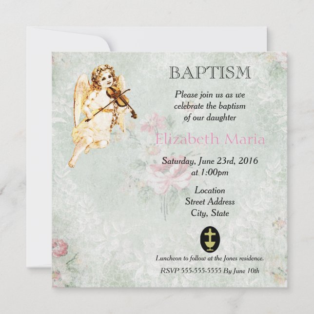 Angel Spela upp en Violin Baptismal Inbjudningar (Framsida)