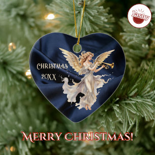 Angel Spelar Trumpet Blue Hjärtformade jul Julgransprydnad Keramik