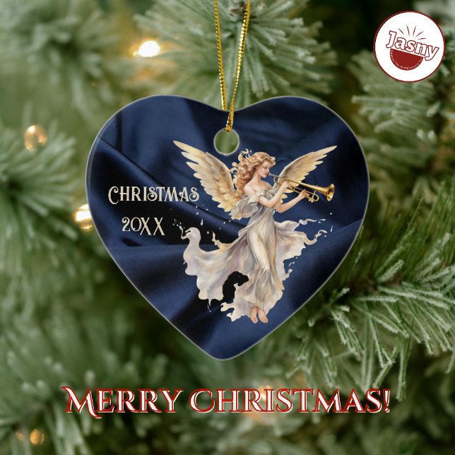 Angel Spelar Trumpet Blue Hjärtformade jul Julgransprydnad Keramik (Skapare uppladdad)