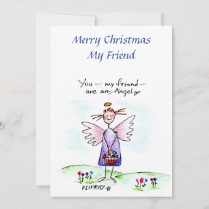 Angel Teckning Lila Blue Grönt "You My Friend" H Julkort