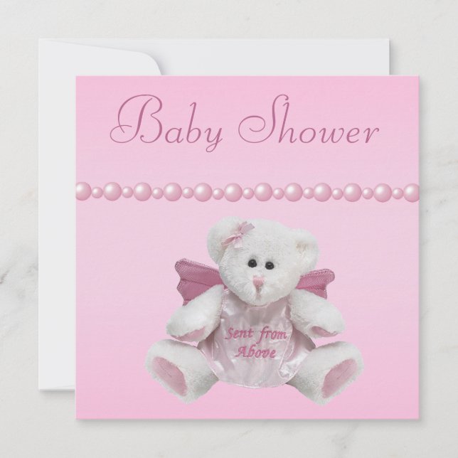 Angel Teddy, Baby Shoes & Pearls Baby Shower Inbjudningar (Framsida)