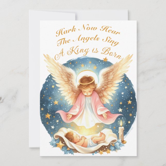 Angel tittar vid Baby Jesus platta Helgdag Card Julkort (Framsida)