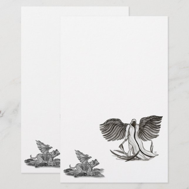 Angel Uriel med Golem, svart och vitt design Brevpapper (Fram/baksida)