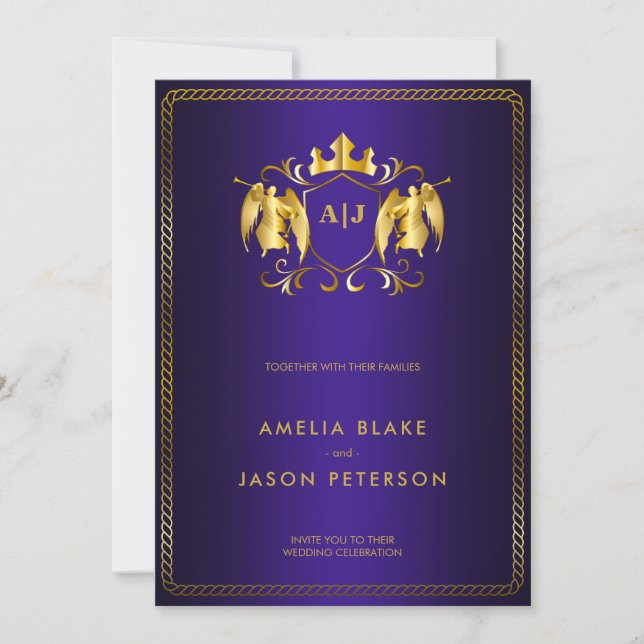 Angel Vapensköld | Guld Royal Lila Luxurie Inbjudningar (Framsida)