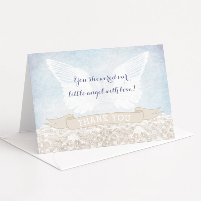 Angel Vingar Baby Shower eller Baptism Tackkort (Vintage inspired Angel wings thank you card design for baptism or christening with burlap lace )