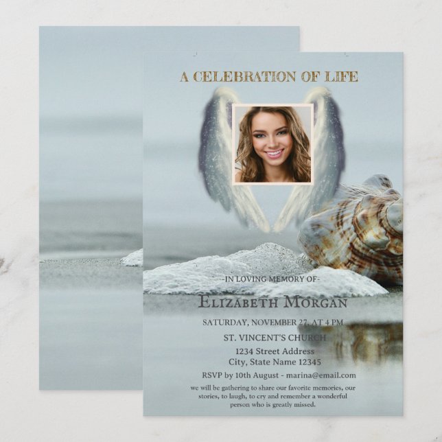 Angel Vingar Beach Seashell Firande of Life Inbjudningar (Fram/baksida)
