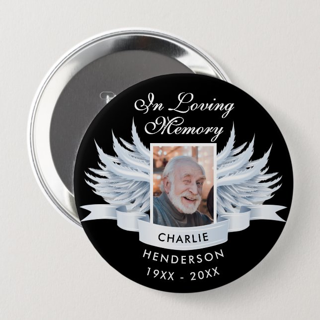 Angel Vingar Photo Loving Memory Funeral/Memorial Knapp (Framsida & baksida)
