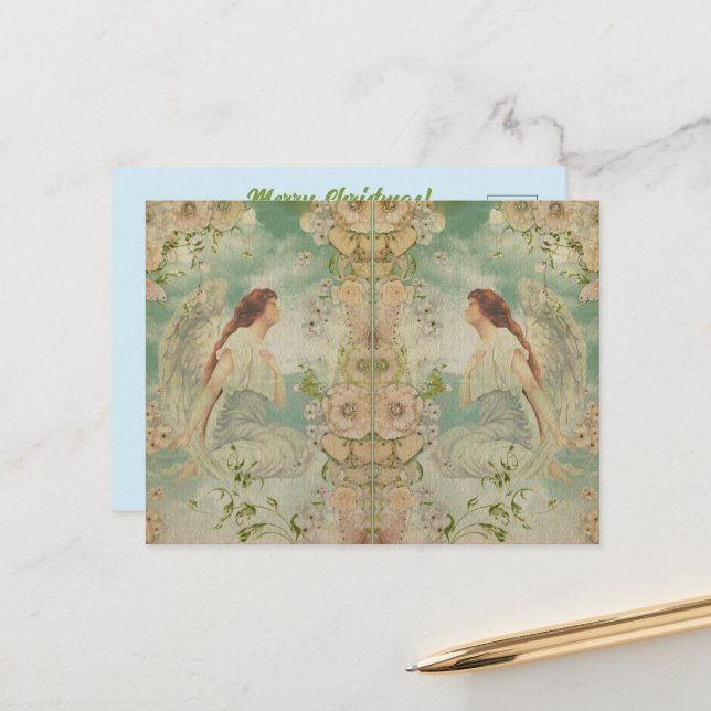 Angel White Flowers Blå himmel Vykort (Fram/Back In Situ)