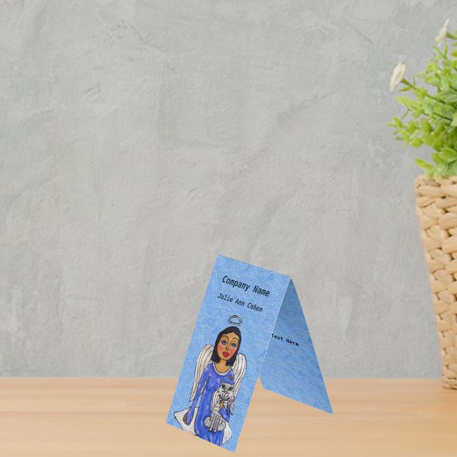 Angel White Vingar på Cloud White Angel Cat Blue Visitkort (Angel blue eyes dress holding white angel cat on cloud on sky blue standing business cards.)