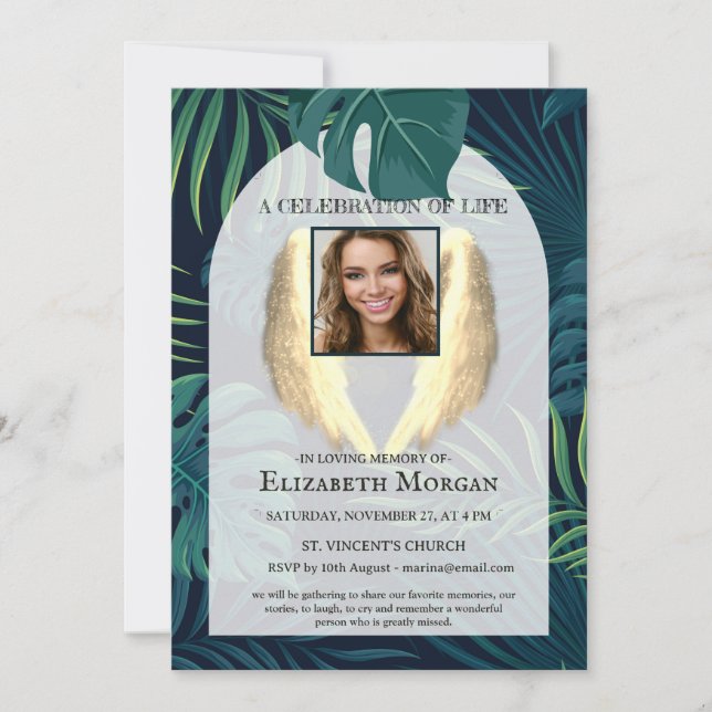 Angel Wings Palm Leaves Photo Celebration Of Life Inbjudningar (Framsida)