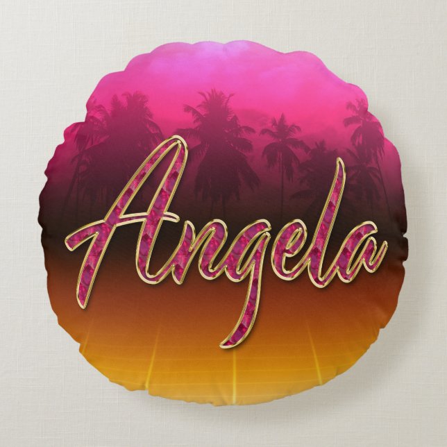 Angela Vorname Name golden pink Kissen Rund Kudde (Framsidan)