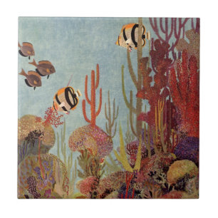 Angelfish in Coral, Vintage Tropical Fish in Ocean Kakelplatta