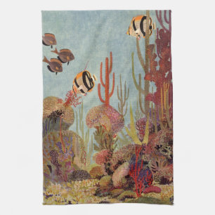 Angelfish in Coral, Vintage Tropical Fish in Ocean Kökshandduk