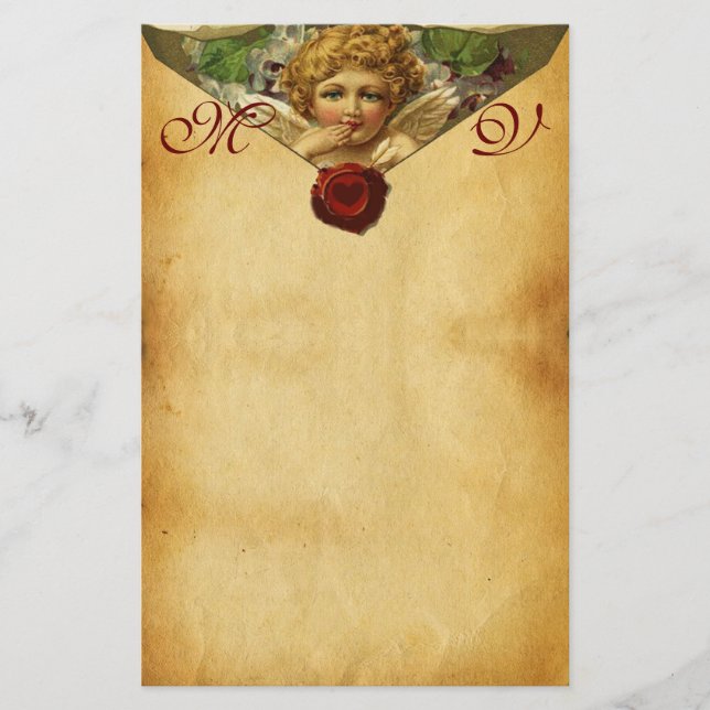 ÄNGELHJÄRTA VAXSIGILL PERGAMENT Julkort Monogram Brevpapper (Framsida)