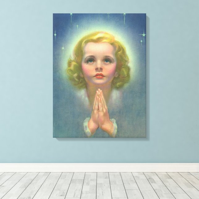 Angelic Blond Girl med Halo och Stars Praying Canvastryck (Insitu (trägolv))