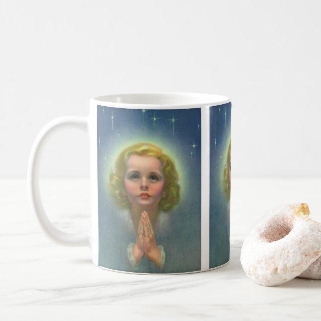 Angelic Blond Girl med Halo och Stars Praying Kaffemugg (Med munk)