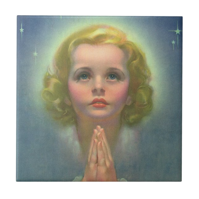 Angelic Blond Girl med Halo och Stars Praying Kakelplatta (Framsidan)