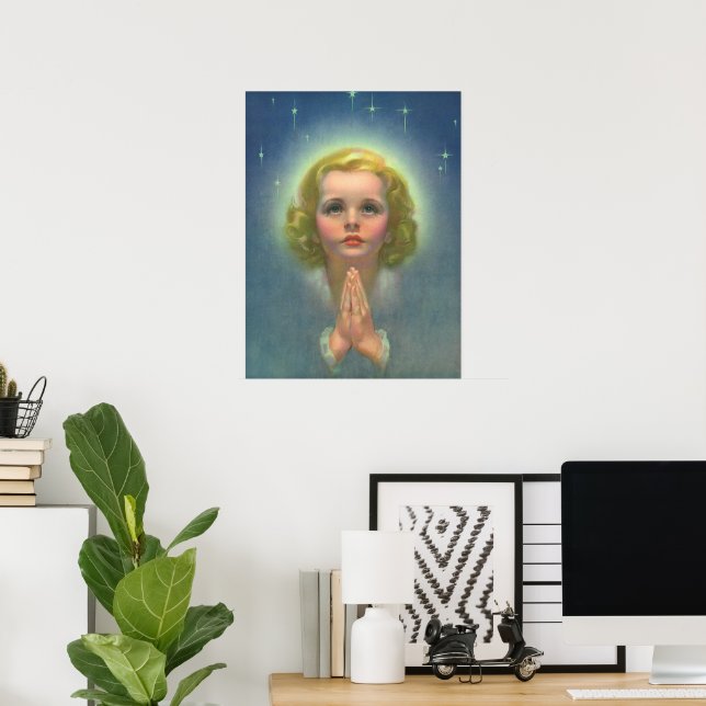 Angelic Blond Girl med Halo och Stars Praying Poster (Hemmakontoret)