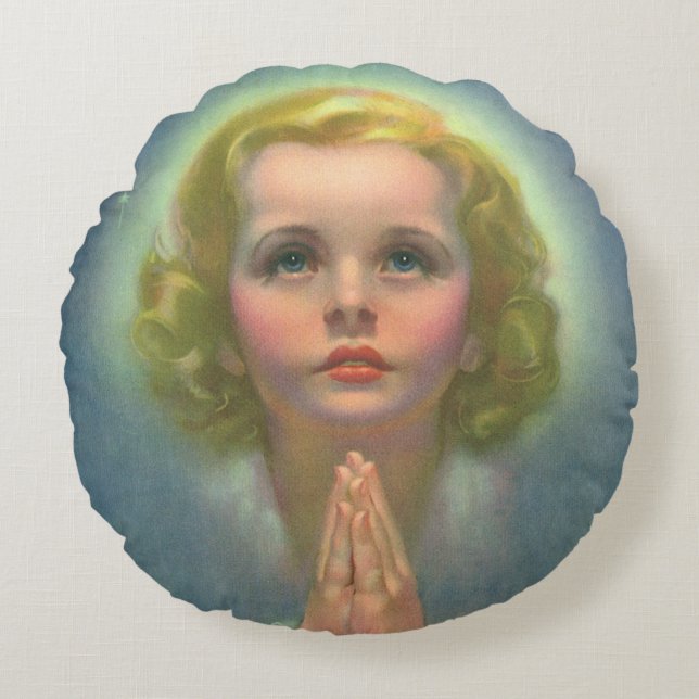 Angelic Blond Girl med Halo och Stars Praying Rund Kudde (Framsidan)