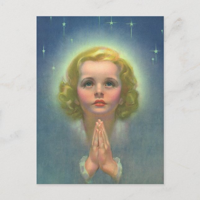 Angelic Blond Girl med Halo och Stars Praying Vykort (Framsida)