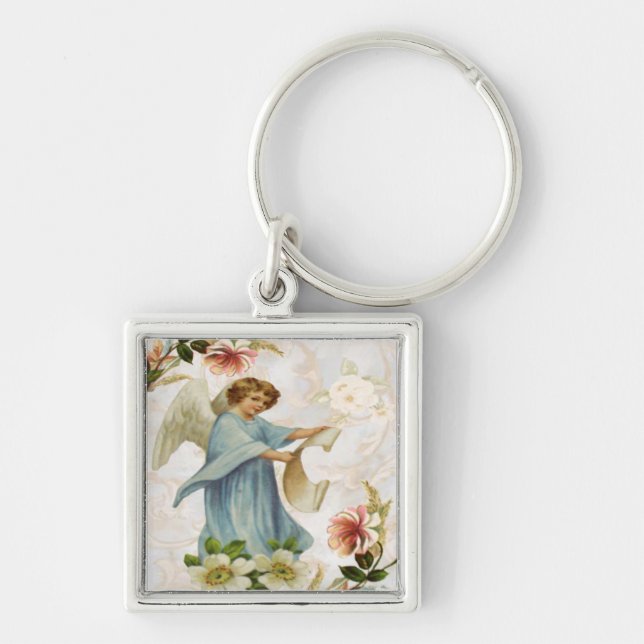 Angelic Keychain Fyrkantig Silverfärgad Nyckelring (Framsidan)