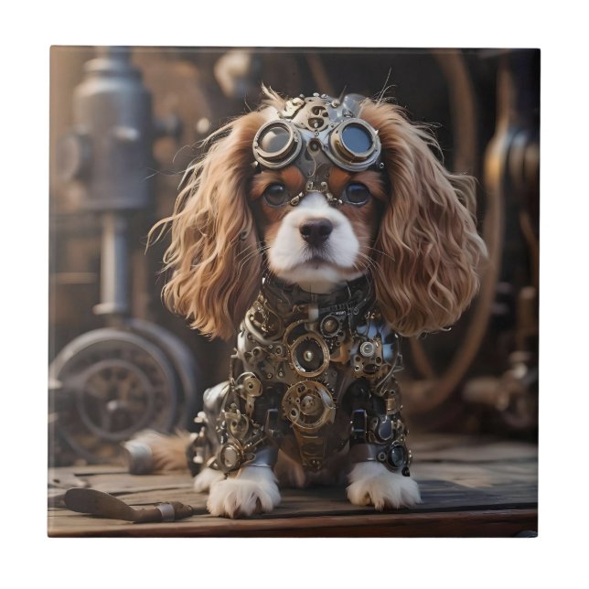 Angelic Puppy Cavalier Spain Steampunked Kakelplatta (Framsidan)