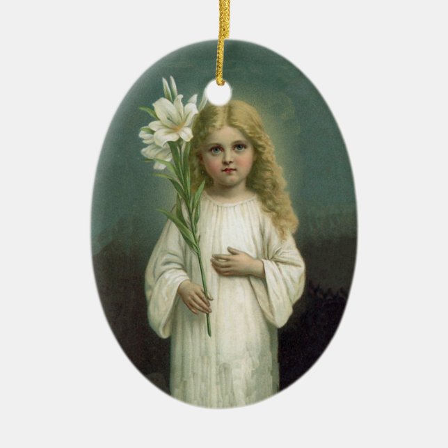Angelic Victorian Blond Girl White Lily Grönt Julgransprydnad Keramik (Framsidan)