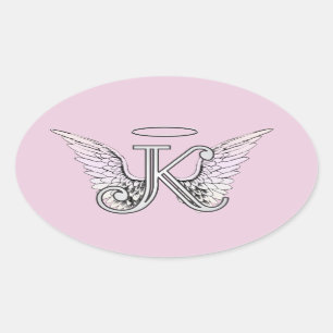 Ängeln för rosabrev K påskyndar monogramen Ovalt Klistermärke