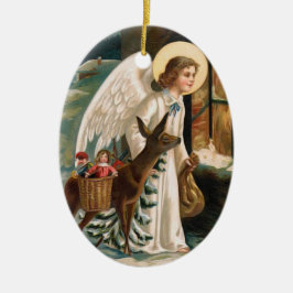 Ängeln tittar in i fönster med hjortjul julgransprydnad keramik