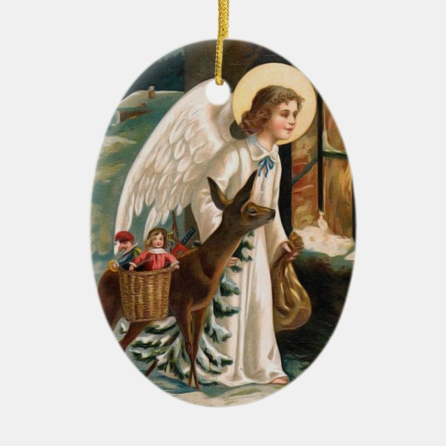 Ängeln tittar in i fönster med hjortjul julgransprydnad keramik (Framsidan)