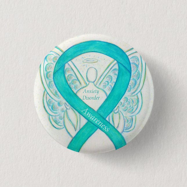 Ångest Medvetenhet Angel Teal Ribbon Pin Knapp (Framsida)