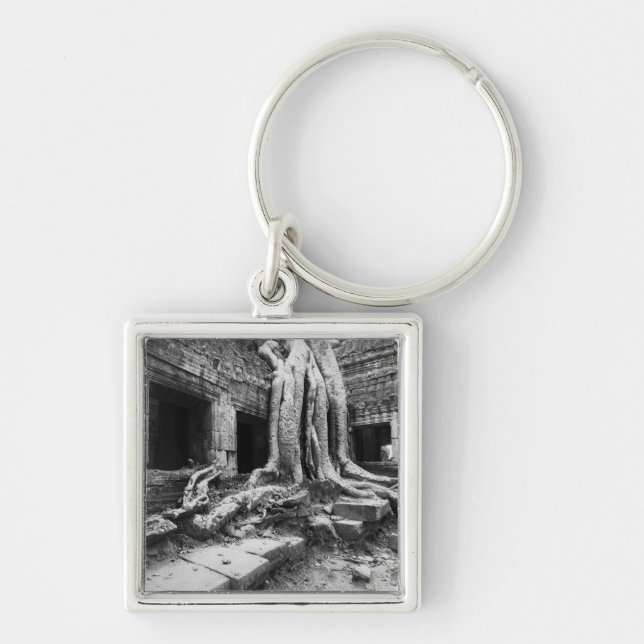 Angkor Kambodja, Ta Prohm Träd Fyrkantig Silverfärgad Nyckelring (Framsidan)