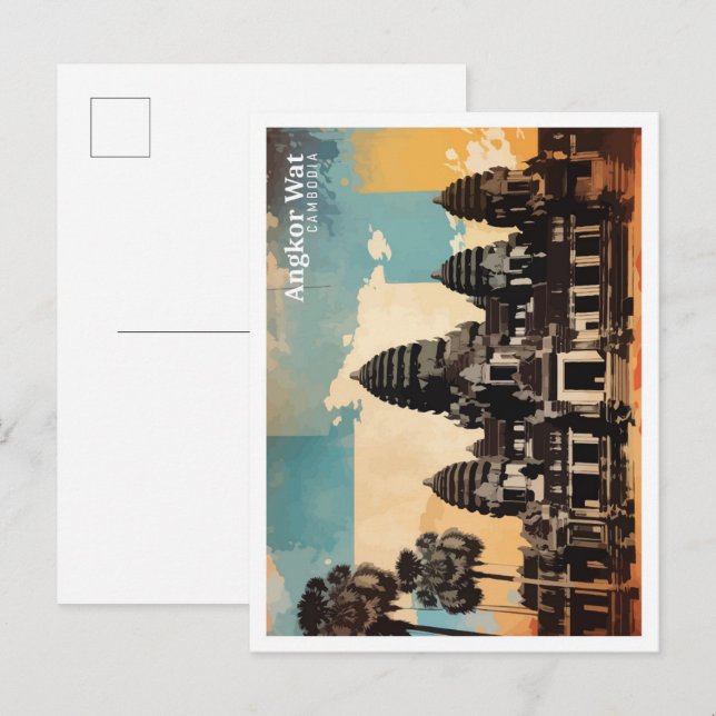 Angkor Wat Kambodja Pop Art Travel Illustration Vykort (Fram/baksida)
