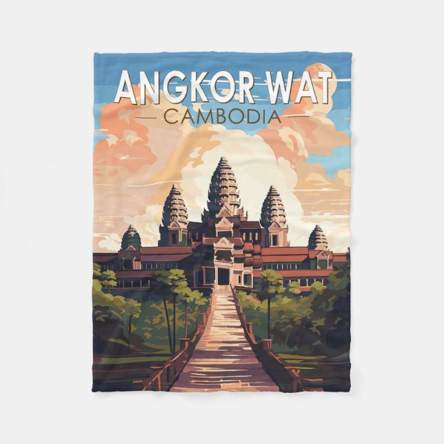 Angkor Wat Kambodja Travel Art Vintage Fleecefilt (Framsidan)