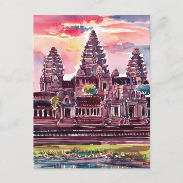 Angkor Wat Kambodja Watercolor Painting Vykort (Framsida)