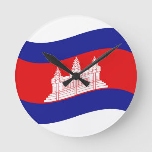 Angkor Wat Kambodjanska Flagga Wave Rund Klocka
