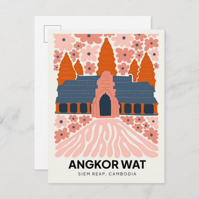 Angkor Wat Siem Rope Kambodja resekonst blommigt a Vykort (Fram/baksida)
