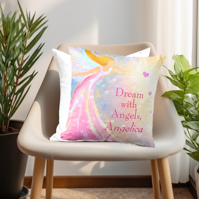 Ängla Vingar Rosa Blått Hjärta Dröm Vattenfärg Nam Kudde (Angel Pillow Personalized Name quote Dream with Angels Watercolor Art by Kristy Carr McAdams)